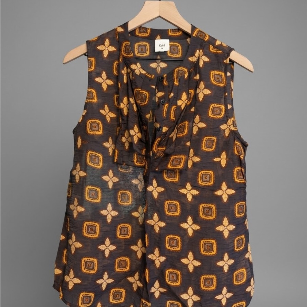 Cabi Brown & Gold Louis Sleeveless Patterned Blouse